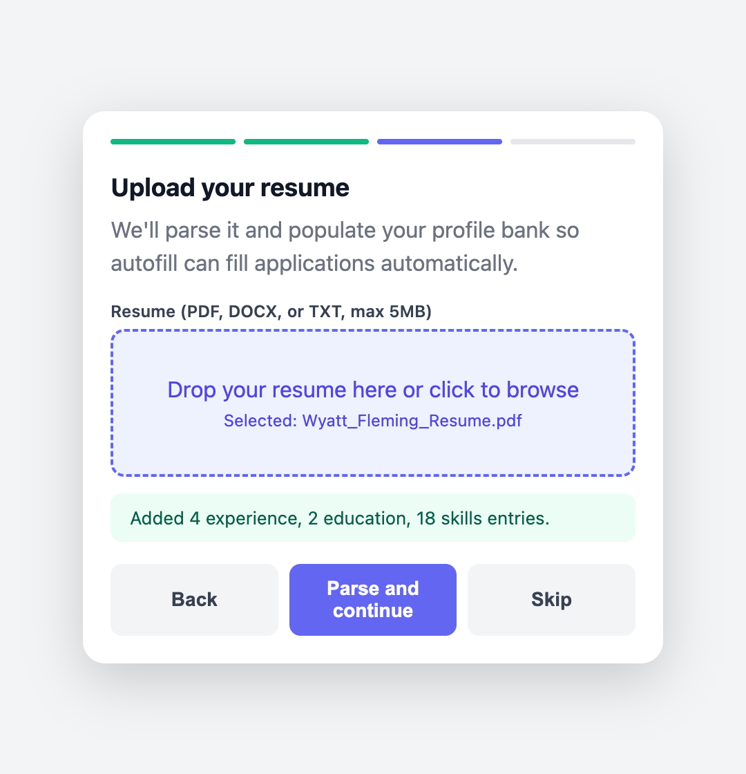 Upload resume screen