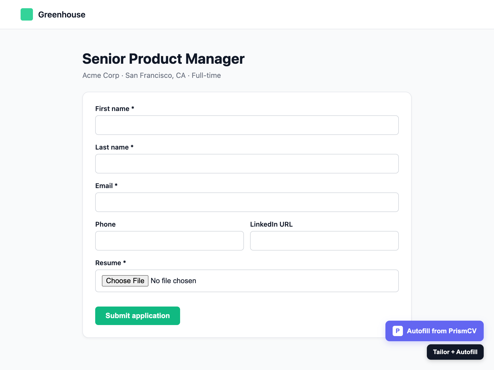 Autofill launcher button on a Greenhouse application form