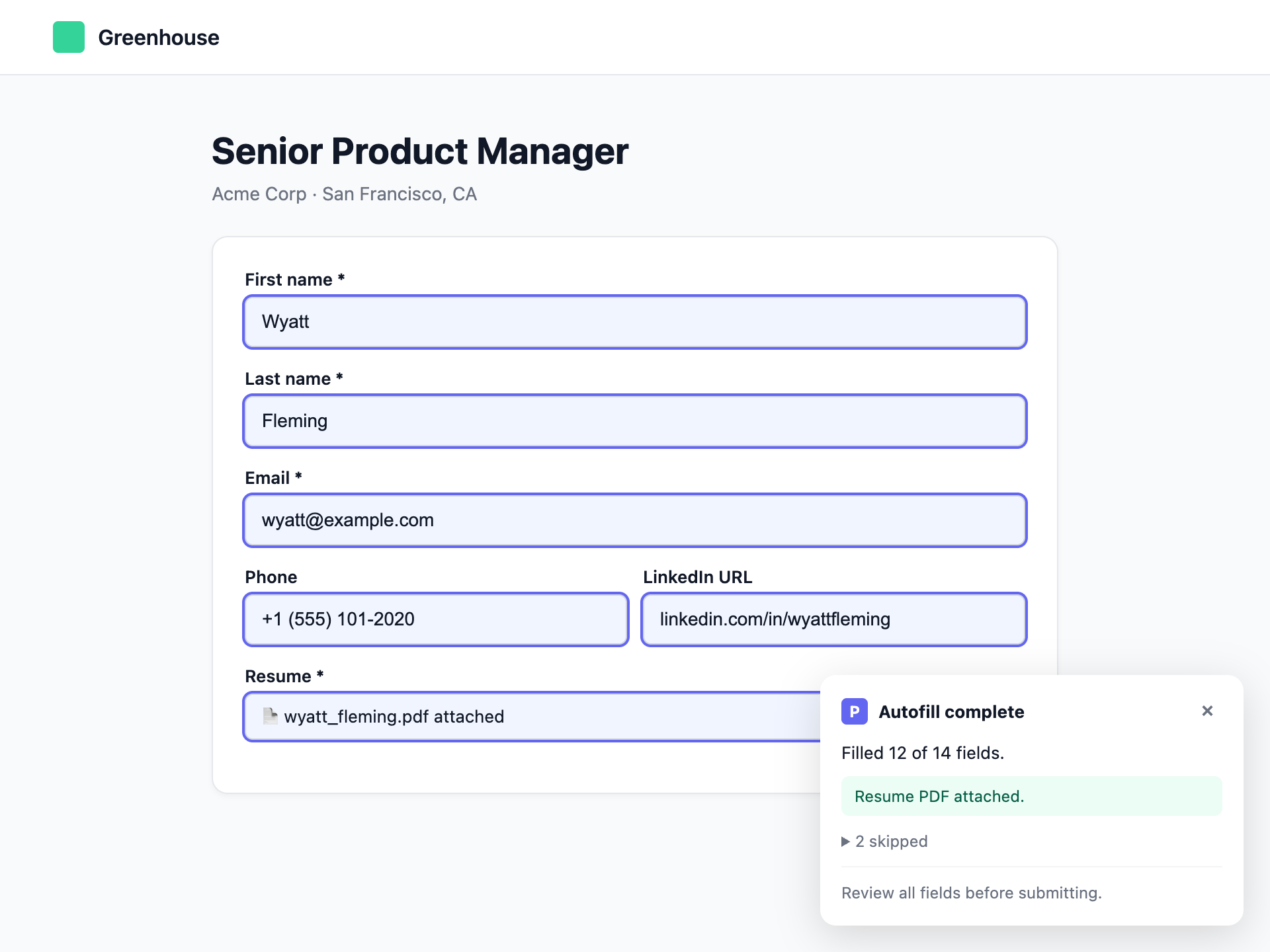 Autofill complete summary showing 12 of 14 fields filled