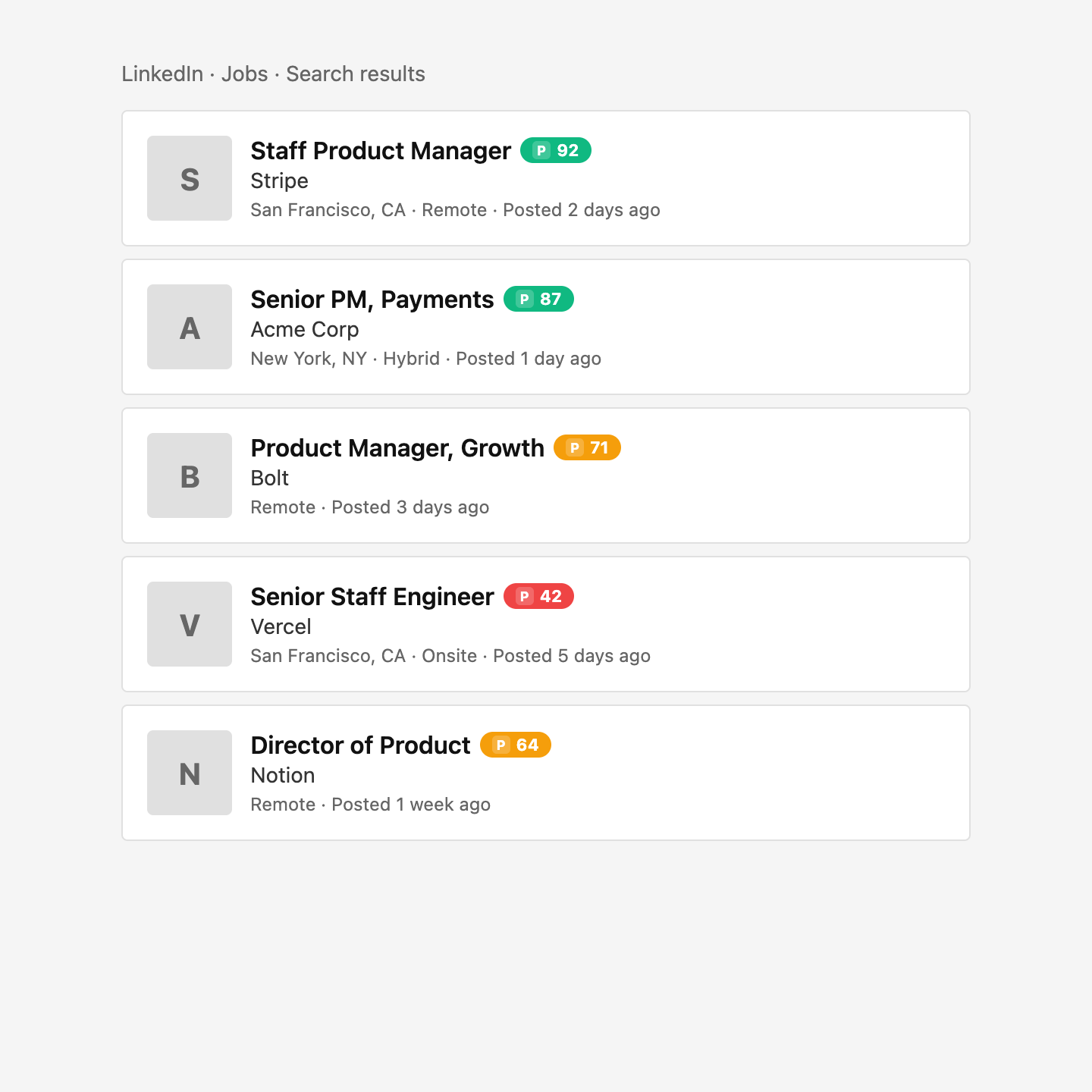 LinkedIn job cards with ATS score badges